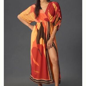 Farm Rio Orange Abstract Pleated Short-Sleeve Wrap-Front Maxi Dress Size XS NWT